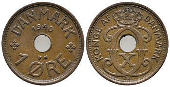 ДАНИЯ 1 ЭРЕ 1940 N; GJ, КРИСТИАН X (1912-1947) KM 826.2 бронза 66-157