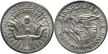 ИТАЛИЯ МЕДАЛЬ 1975 ANNO SANTO, RINNOVAMENTO E RICONCILIAZIONE, ДИАМЕТР 35 ММ. белый металл 4386-432