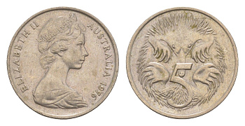 Австралия 5 центов 1976 Елизавета II (1952-2022) молодой портрет, ехидна KM 64 медно-никель 4152-157