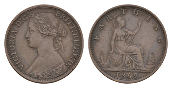 Великобритания 1 фартинг 1869 Виктория (1837-1901) KM 747.2, Spink 3958 бронза 1520-1134