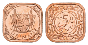 Суринам 5 центов 2011 тираж 1000 экземпляров KM 12b сталь плакированная медью BU 4649-958