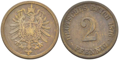 ГЕРМАНИЯ 2 ПФЕННИГА 1876 A, СТАРОГЕРБОВКА KM 2, J. 2, Weege 3 медь 212-645