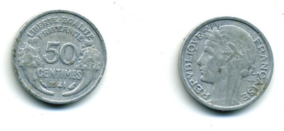ФРАНЦИЯ 50 САНТИМОВ 1941 ТИП MORLON, LOURDE, ВЕС 0,67 ГР. KM 894.1а, LE FRANC 193.2 алюминий 84-353