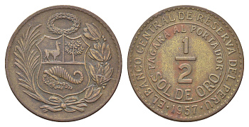 Перу 1/2 соль 1957 KM 220 латунь 4678-945