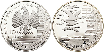 ФРГ 10 евро 2004 J, Национальный парк, Ваттовое море (Wattenmeer) KM 232, DE.S 10.15 серебро PROOF 02-070-43