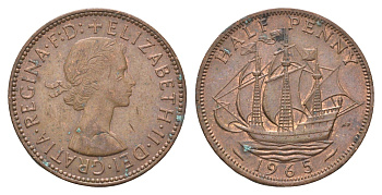 Великобритания 1/2 пенни 1965 Елизавета II (1952-2022) KM 896, Spink 4158 бронза 4662-1241