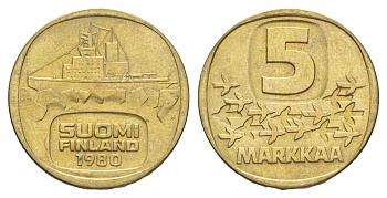 Финляндия 5 марок 1980 KM 57 алюминиевая бронза aUNC 4156-115