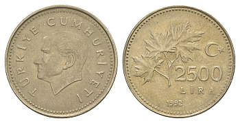 Турция 2500 лир 1992 Кемаль Ататюрк KM 1015 никель латунь 4648-852