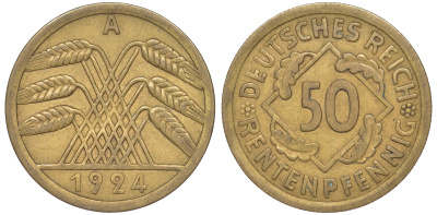 Германия 50 рентенпфеннигов 1924 A J. 310, KM 34 алюминиевая бронза 4118-114