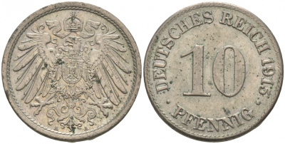 ГЕРМАНИЯ 10 ПФЕННИГОВ 1915 A J. 13, KM 12 медно-никель 73-1445