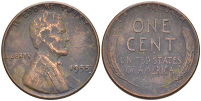 США 1 ЦЕНТ 1955 ЛИНКОЛЬН KM А132 медь цинк 211-643