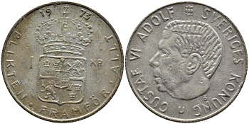 Швеция 1 крона 1973 Густав VI Адольф (1950-1973) KM 826а медь плакированная медно-никелем 4395-233