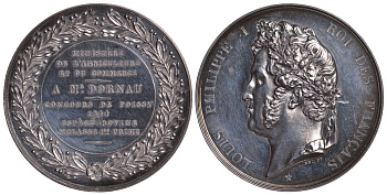 ФРАНЦИЯ МЕДАЛЬ 1844 ЛУИ-ФИЛИПП I КОРОЛЬ ФРАНЦУЗОВ, МИНИСТЕРСТВО СЕЛЬСКОГО ХОЗЯЙСТВА И КОММЕРЦИИ, ВРУЧЕНА МЕСЬЕ ДОРНО ЗА ПОБЕДУ (В ПОРОДАХ БЫКОВ) НА СЕЛЬСКОХОЗЯЙСТВЕННОЙ ВЫСТАВКЕ 1844, В ГОРОДЕ ПУАСИ, ДИАМЕТР 51 ММ., ВЕС 65,10 ГР. серебро PROOF 02-009-