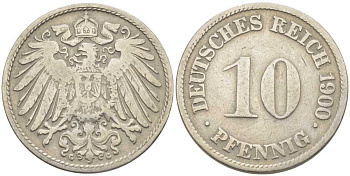 Германия 10 пфеннигов 1900 G KM 12, J. 13 медно-никель 210-636