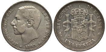 Испания 1 песета 1882 MSM, Альфонсо XII (1874-1885) KM 686 серебро 1528-732