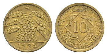 Германия 10 рейхспфеннигов 1925 A KM 40, J. 317 алюминиевая бронза aUNC 1520-712