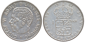 Швеция 1 крона 1967 U, Густав VI Адольф (1950-1973) KM 826 серебро 4178-757