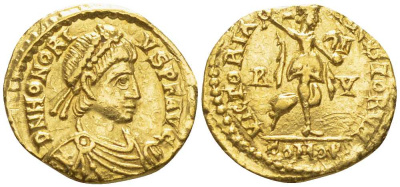 Римская Империя тремис 402 - 423 Гонорий, D N HONORIVS P F AVG драпированный бюст императора / VICTORIA AVGVSTORVM, Виктория в лавровом венке, в поле R V, ниже CONOB, Равенна, Good Very fine , 1,49 гр 00-000-00