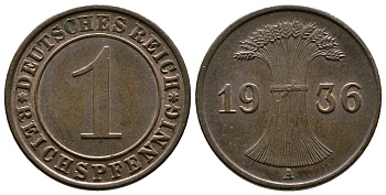 Германия 1 рейхспфенниг 1936 A KM 37, J. 313 бронза 220-143