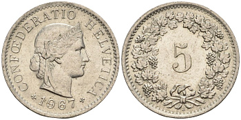 Швейцария 5 раппенов 1967 B KM 26 медно-никель 4608-456