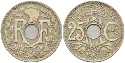 ФРАНЦИЯ 25 САНТИМОВ 1931 ТИП ЛИНДАЙЁ KM 867а, LE FRANC 171.15 медно-никель 202-121