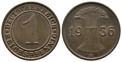 Германия 1 рейхспфенниг 1936 A KM 37, J. 313 бронза 220-143