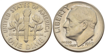 США 10 ЦЕНТОВ = 1 ДАЙМ 1969 D, РУЗВЕЛЬТ KM 195а медь плакированная медно-никелем 4547-941