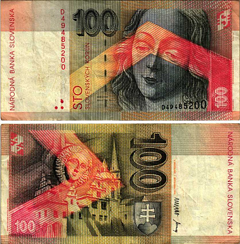 СЛОВАКИЯ 100 КРОН 1993 1 СЕНТЯБРЯ 1993, СЕРИЯ D, МАДОННА Pick 22а бумага 7207-29-1-2