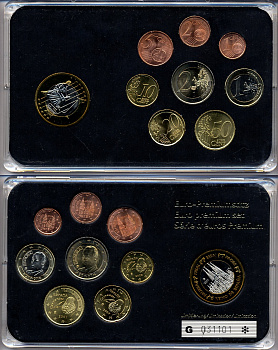 Испания евронабор из 9 монет 1997-2007 включая 1 евро-проба 1997 в пластике биметалл UNC 3-6-1-20