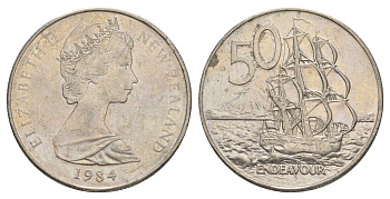 Новая Зеландия 50 центов 1984 Елизавета II (1952-2022), парусник Индевор KM 37.2 медно-никель 4384-842
