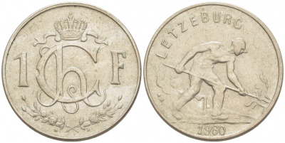 Люксембург 1 франк 1960 сталевар KM 46.2 медно-никель 77-836