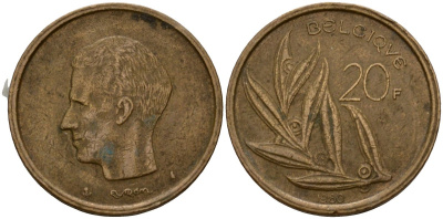 Бельгия 20 франков 1980 Belgique, Бодуэн I (1951-1993) KM 159 никель бронза 4601-333
