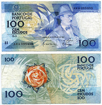 ПОРТУГАЛИЯ 100 ЭСКУДО 1987 12 ФЕВРАЛЯ 1987, ФЕРНАНДО ПЕССОА Pick 179b бумага VF 7203-35-3