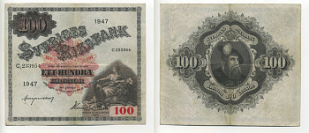 ШВЕЦИЯ 100 КРОН 1947 Pick 36ac бумага VF 8612-47-2