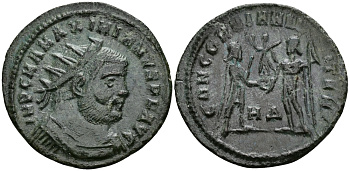 Римская Империя двойной денарий 295 - 296 Максимиан Геркулий CONCORDIA MILITVM Гераклея about Extremely fine RIC 14 бронза 1073-3-6-5