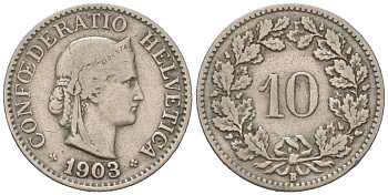 Швейцария 10 раппенов 1903 B KM 27 медно-никель 4164-915