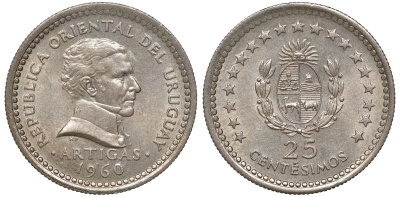 Уругвай 25 сентесимо 1960 KM 40 медно-никель 4169-854