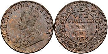 Британская Индия 1/4 анна 1936 Георг V (1910-1936) KM 512 бронза UNC 94-217