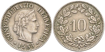 ШВЕЙЦАРИЯ 10 РАППЕНОВ 1953 В KM 27 медно-никель 55-241