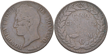 Монако 5 сантимов 1837 Оноре V (1819-1841) KM 95.2a медь 4620-911