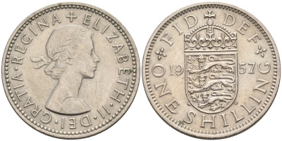 Великобритания 1 шиллинг 1957 Елизавета II (1952-2022), Английский герб KM 904, Spink 4147 медно-никель 4592-311
