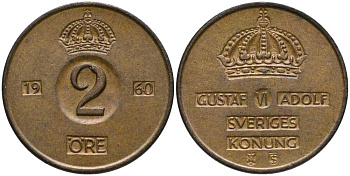Швеция 2 эре 1960 TS, Густав VI Адольф (1950-1973) KM 821 бронза 202-641