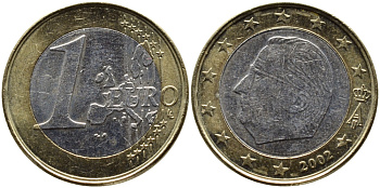 БЕЛЬГИЯ 1 ЕВРО 2002 АЛЬБЕРТ II KM 230 биметалл 4390-1122