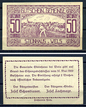 Штайнхаус-бай-Вельс (Австрия) 50 геллеров 1920 бумага UNC (пресс) 7556-31-4-2