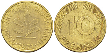 ФРГ 10 ПФЕННИГОВ 1971 F KM 108, J. 383 сталь плакированная латунью 4182-822