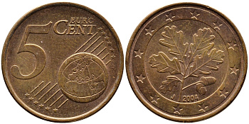 ГЕРМАНИЯ 5 ЕВРОЦЕНТОВ 2004 J KM 209 сталь плакированная медью 4390-1036