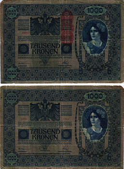 АВСТРИЯ 1000 КРОН 1919 КРАСНАЯ ВЕРТИКАЛЬНАЯ НАБПЕЧАТКА НА 1902 Pick 59 бумага 8609-44-1