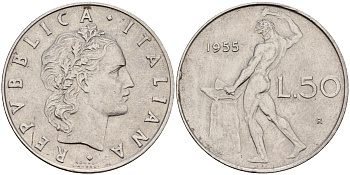 Италия 50 лир 1955 R, бог огня Вулкан у наковальни KM 95.1 нержавеющая сталь 4595-352