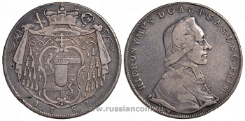 Австрия, Зальцбург 1 талер 1787 Иеронимус фон Коллоредо (1772-1812) Dav. 1264, KM 462 серебро 00-806-10