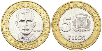 Доминиканская республика 5 песо 1997 50 лет центральному банку KM 88 биметалл 4364-155